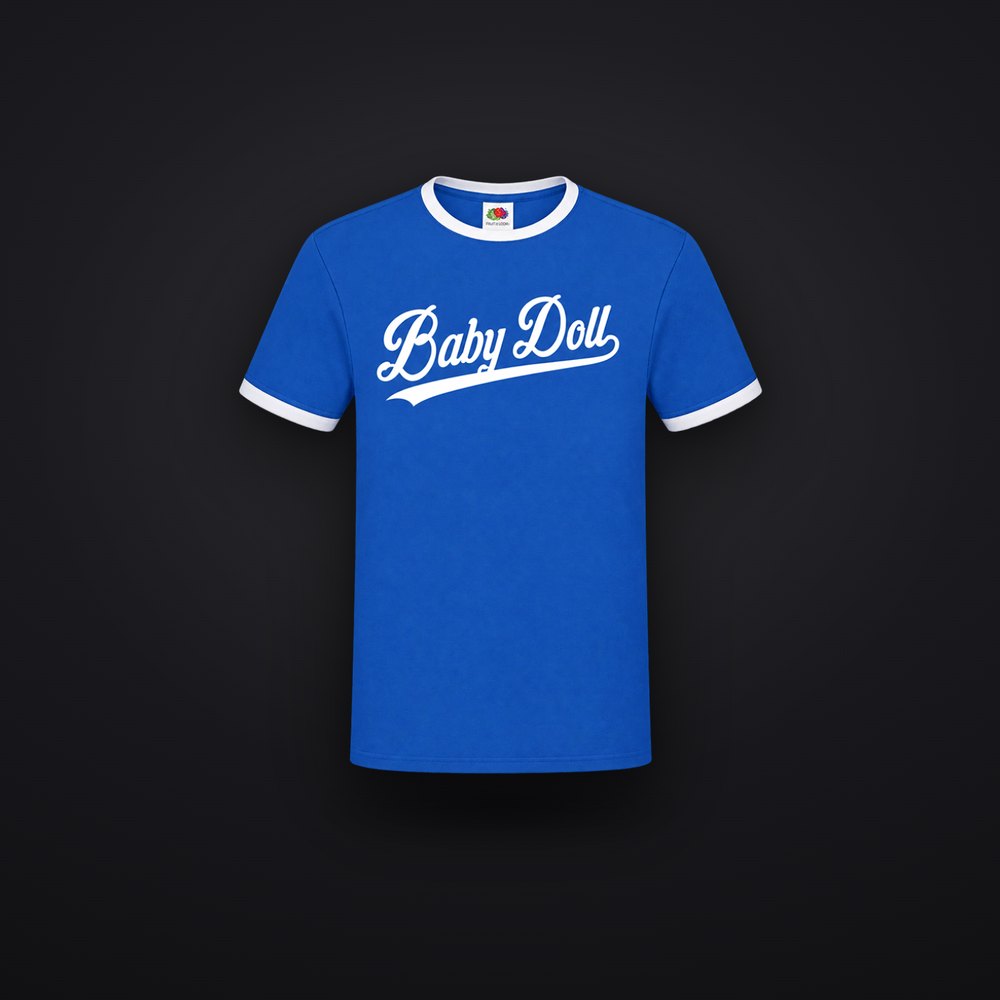 Royal blue ringer t-shirt with ‘Baby Doll’ in white baseball script